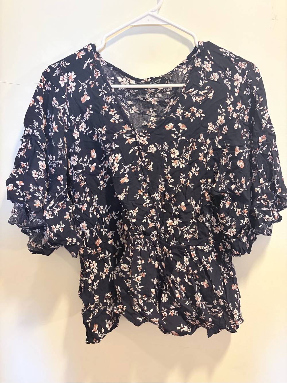 Women's Floral Smocked Peplum Top - navy blue with Pink & White Flowers